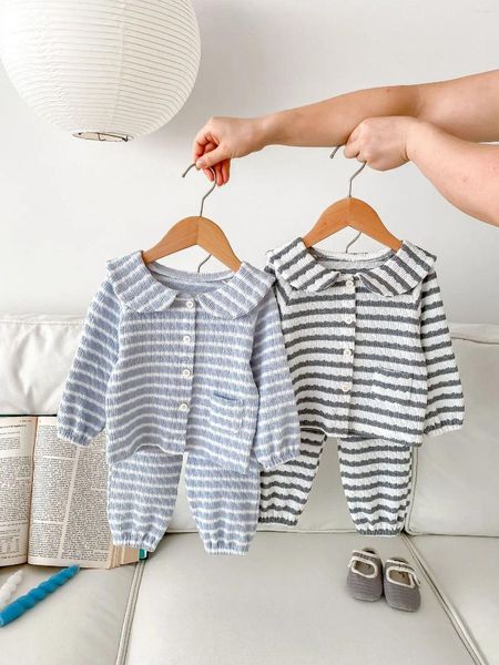 Giyim Setleri Kız Bebek Bebek Boyun Giysileri İki Parça Set İlkbahar ve Sonbahar Çocuk Uzun Kollu Top Pantolon Stripe Ev Mobilyaları