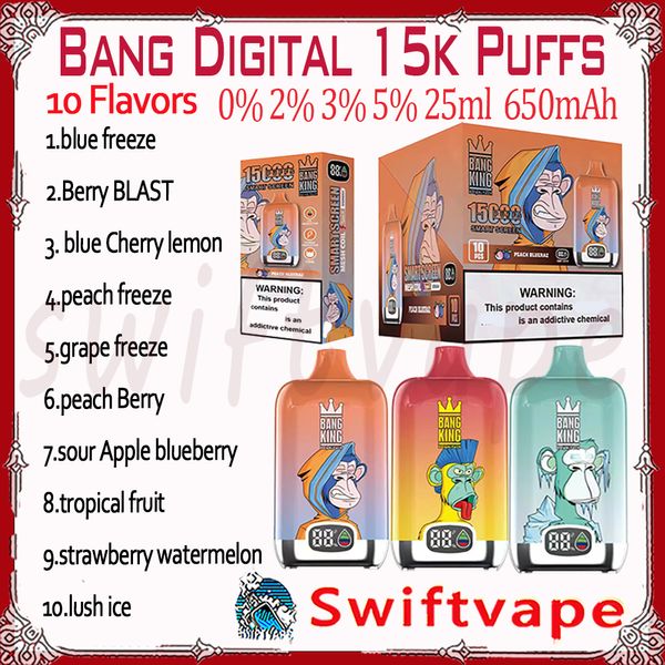 Bang King Smart Screen 15000 Puff verfügbar E -Zigarette 10 Geschmack 25ml Pod wiederaufladbare Batterie 650mAh