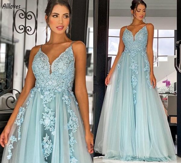 Abiti da ballo con applicazioni di pizzo glamour azzurro Aso Ebi senza spalline lunghezza del pavimento una linea di tulle abiti da sera backless sexy taglie forti abiti da festa formale AL9139