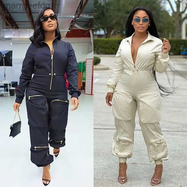 Jumpsuits von Frauen ROMPERS Echoine Casual Long Sleeve Reißverschluss Mehrere Taschen Jumpsuit Schlanker Drehkragen Streetwear Fracht Overalls Herbst Rompers YQ231220