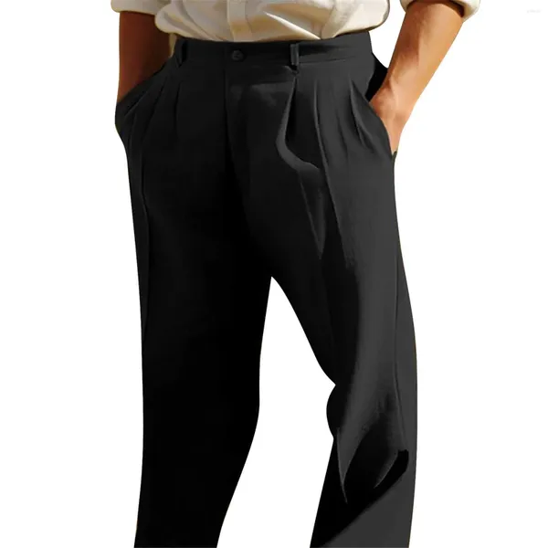 Мужские брюки, льняные брюки с двойными складками, передний карман, прямая трубка, однотонные, удобные, дышащие, повседневные для мальчиков 9, мужские мужские брюки свободного покроя