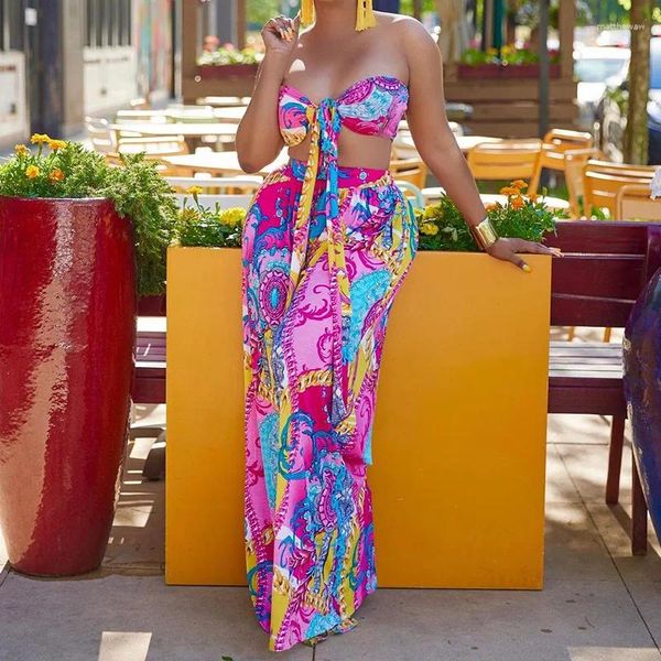 İş elbiseleri Felyn 2023 Varış Moda Tasarımı 2 PCS Kadın Set Baskı Yular Üstleri Geniş Bacak Maksi Elbise Yaz Plajı Kıyafetleri