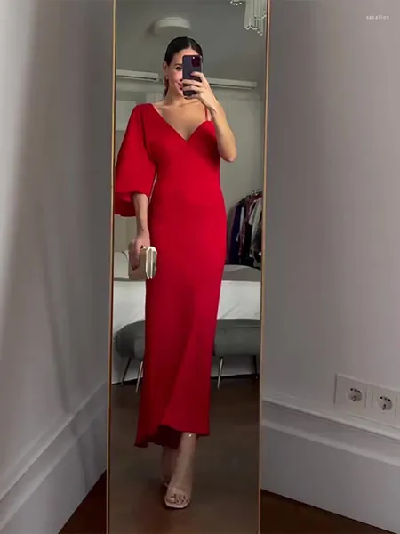 Бальные платья Элегантное красное длинное платье на одно плечо с половиной рукавом Женское модное асимметричное тонкое женское вечернее платье на бретельках с v-образным вырезом