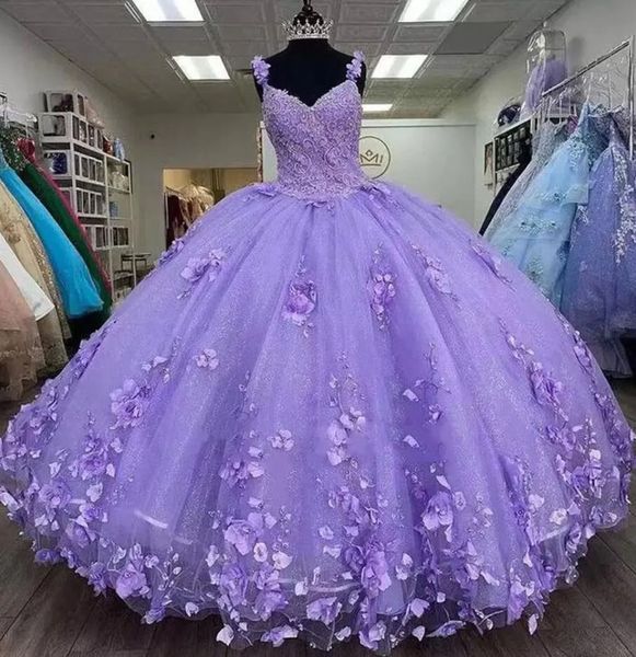 Abiti da quinceanera in pizzo viola glitter spaghetti cinghia con avvolgimento da 15 abiti dolci 3d fiore di perline di perline 16 usa