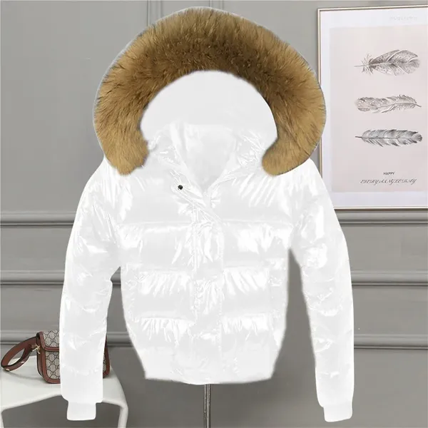 Trench da donna Moda Cappotto a bolle bianco Grande collo di pelliccia Giacca corta lucida Autunno inverno Impermeabile Piumino femminile Parka Mujer 2023