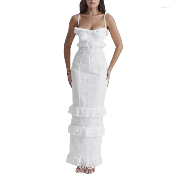 Sıradan elbiseler dantel uzun beyaz alçak kesilmiş spagetti kayış kolsuz yüksek bölünmüş y2k estetik elbise kadın parti kulüp kıyafetleri