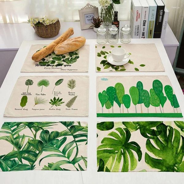 Tapetes de mesa folhas verdes tapete de jantar cactus plantas tropicais almofada de impressão placemat algodão linho tigela porta-copos acessórios de cozinha