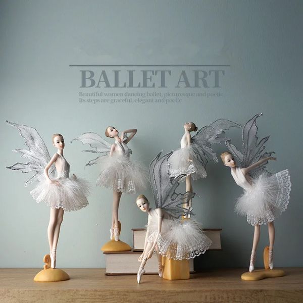 Balerin kızları sevimli peri minyatür figürinler reçine beyaz kanatlar bale melek masaüstü süsler modern zarif oda ev dekor 231220