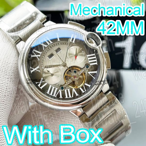 Tasarımcı Mens Watch Tasarımcı İzle Yüksek kaliteli takvim ayı 42mm otomatik saat 316 paslanmaz çelik deri bant mineral cam süperklon kutu