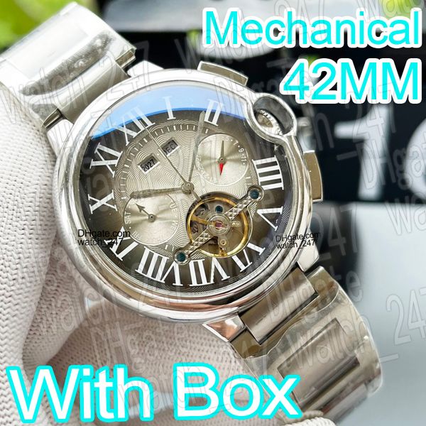 Designer-Herrenuhr, hochwertige Designer-Uhr, Kalender, Jahr, Monat, 42 mm, Automatikuhr, 316-Edelstahl-Kalbslederband, Mineralglas, Superclone, mit Box