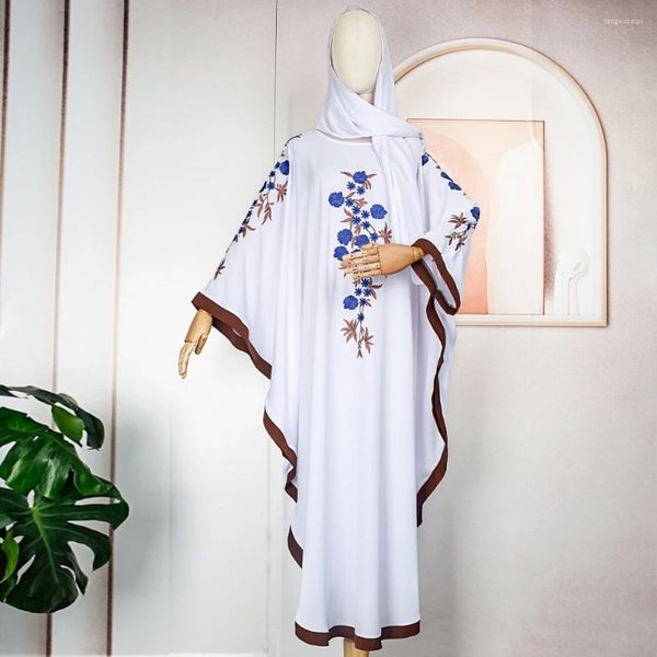 Abbigliamento etnico Abiti africani per le donne Abaya Ramadan Musulmano Hijab bianco Abaya Fiori ricamati Abito lungo Abito da festa di nozze Africa