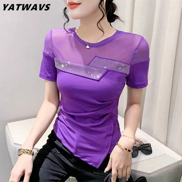 Mulheres Camisetas Verão Coreano T-shirt Chic Sexy O-pescoço Diamantes Brilhantes Mulheres Tops Malha Patchwork Transparente Manga Curta Irregular Tees