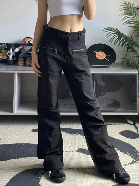 Damen Jeans 2023 Cyber Y2K Streetwear Reißverschluss Plissee Schwarz Baggy Hosen Für Frauen Goth Kleidung Gerade Breites Bein Dame Harajuku Hose