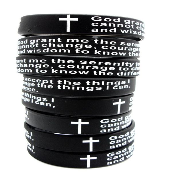 100 Stück inspirierende englische Serenity Prayer Silikonarmbänder christliche Männer Kreuz Mode Armbänder ganze GOTT SERENITY Jewe309O