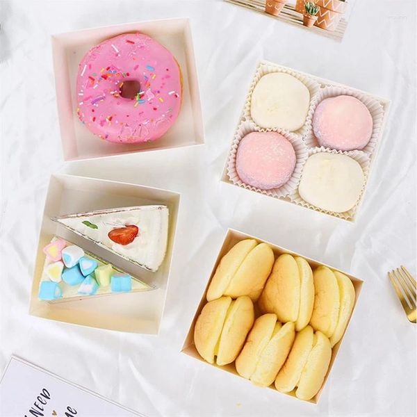 Geschenkpapier 10 Stück Kraftpapier Kuchenbox Transparente Abdeckung für Breat Donut Boxen Verpackung Handgemachte Babyparty Dekorationszubehör