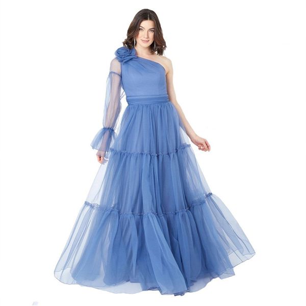 Elegantes, langärmliges, blaues Tüll-Abschlussballkleid, A-Linie, einschultriges, rotes, bodenlanges Partykleid, Maxi-formale Abendkleider für Damen