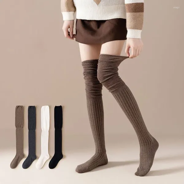 Женские носки, осенние шерстяные вязаные длинные чулки JK для девочек, гетры, однотонные, до бедра выше колена