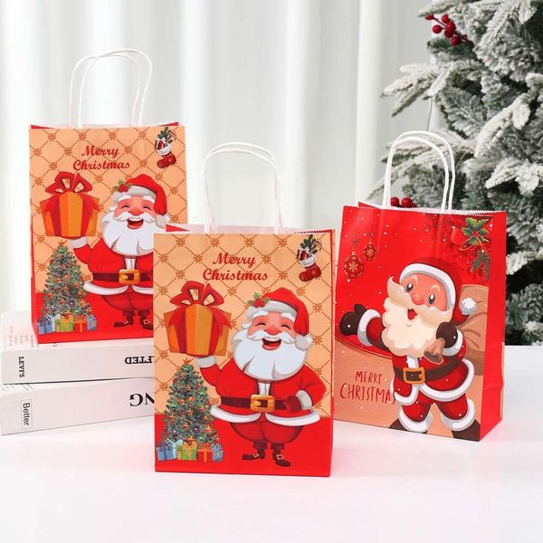 Atualize saco de presente de natal 6pcs com alças Kraft Paper Bag Saco de bolsas de biscoito de biscoito de presentes decorações de Natal para casa 2023