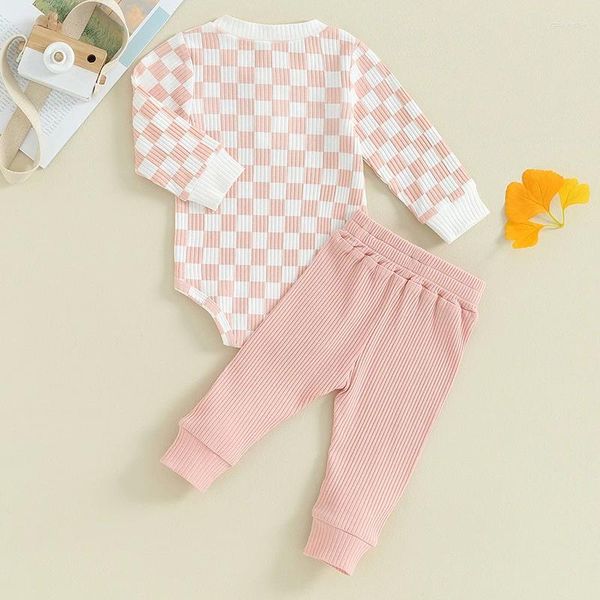 Set di abbigliamento Neonato Neonata Ragazzo Scacchiera Tutina a maniche lunghe Pagliaccetto Pantalone a coste in cotone lavorato a maglia Autunno Inverno Abbigliamento Regalo nato