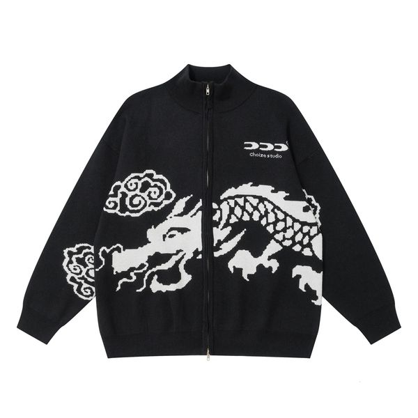 Maglioni da uomo Uomo Streetwear Maglione lavorato a maglia Drago cinese Pullover Hip Hop Harajuku Autunno Inverno Cerniera Cotone Unisex 231219