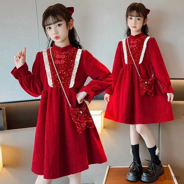 Mädchenkleider Weihnachtskleid für Mädchen Wein Rot Winter Kinder Neujahrskleidung Vestidos Kinder Party formelle Kleidermädchen Kleider mit kostenloser Tasche