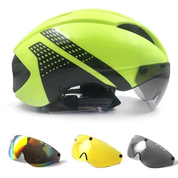 Capacetes de escalada Aero Capacete TT Time Trial Capacetes de bicicleta para mulheres Homens Óculos de corrida Capacete de bicicleta de estrada com lente Tampas de segurança para ciclismo ao ar livre