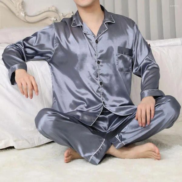 Homens sleepwear homens pijama conjunto de cetim lounge lapela com camisa de manga comprida calças largas calças macias homewear para o outono