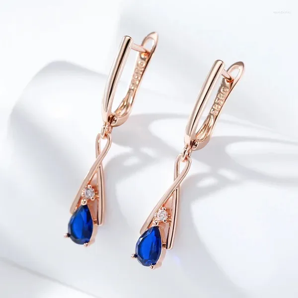 Baumelnde Ohrringe Wbmqda Eleganter langer Tropfen für Frauen 585 Roségold Farbe mit blauem natürlichem Zirkon Hochzeit Party Modeschmuck Geschenke