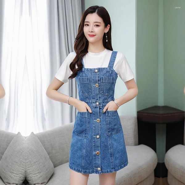 Casual Kleider Frauen Strap Denim Kleid Sommerkleid Overalls 2023 Frühling Sommer Vintage Blau Taste Bodycon Weibliche Jeans Vestidos