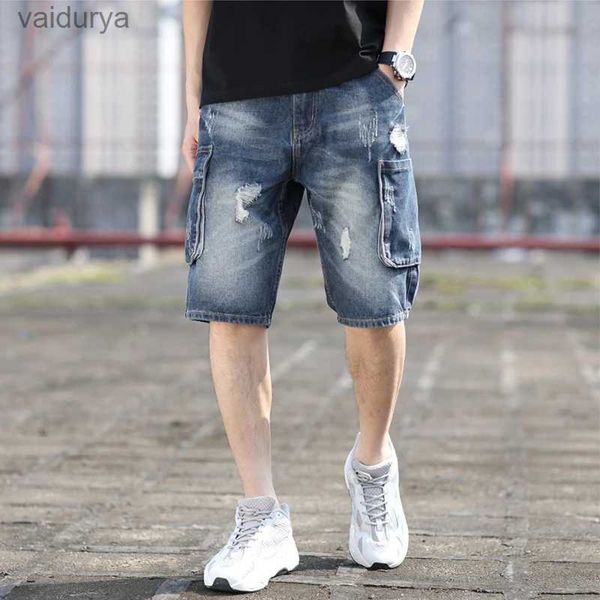 Shorts masculinos verão masculino casual denim shorts moda multi-bolso cor sólida luz azul carga bermuda jeans rasgados shorts tamanho grande 28-42 yq231220