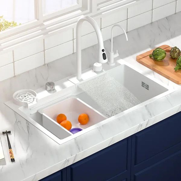 Lavelli moderni lavello bianco cascata cascata lavello in acciaio inossidabile lavabo lavabo lava lavello grande accessorio da cucina a lavastoviglie single