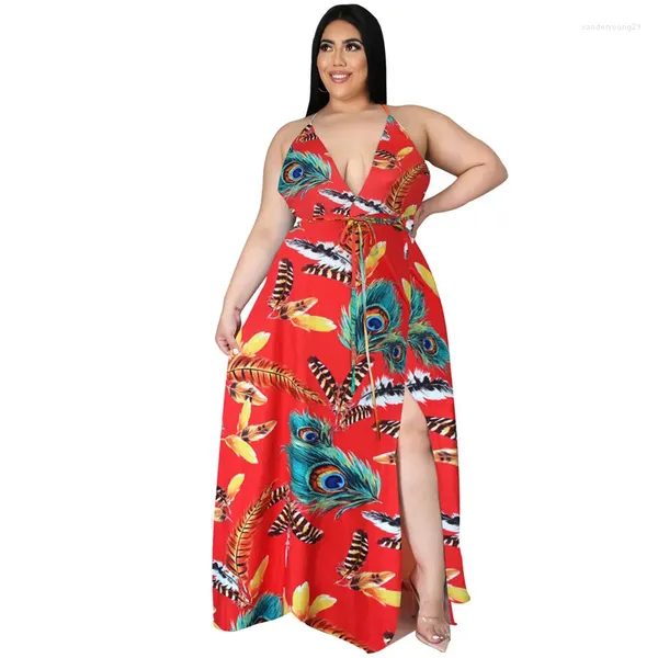 Abiti da festa 5XL Taglie forti Abbigliamento donna Abito lungo Slip all'ingrosso Stampa fiori Cintura con scollo a V Elegante caduta estiva a figura intera