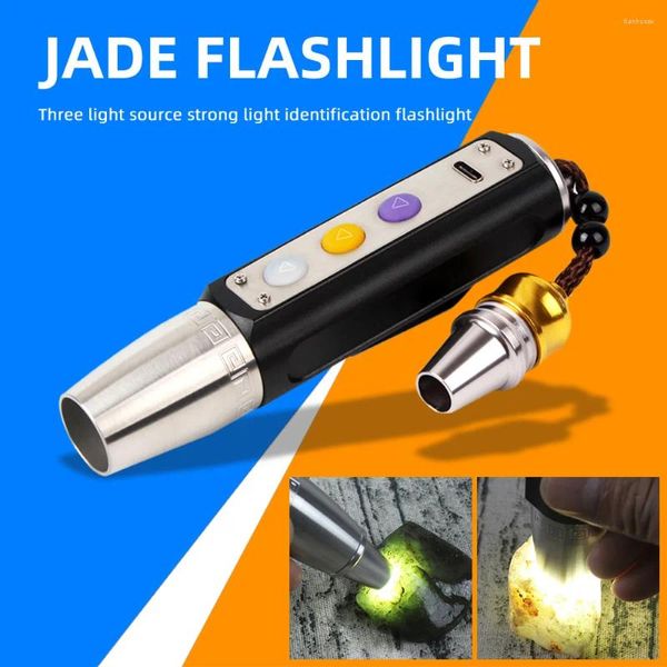 Lanternas Tochas USB Carregamento Jade Identificação 3 Cor Luz Gem Jóias Lâmpada Mini LED Tocha Ao Ar Livre À Prova D 'Água Acampamento