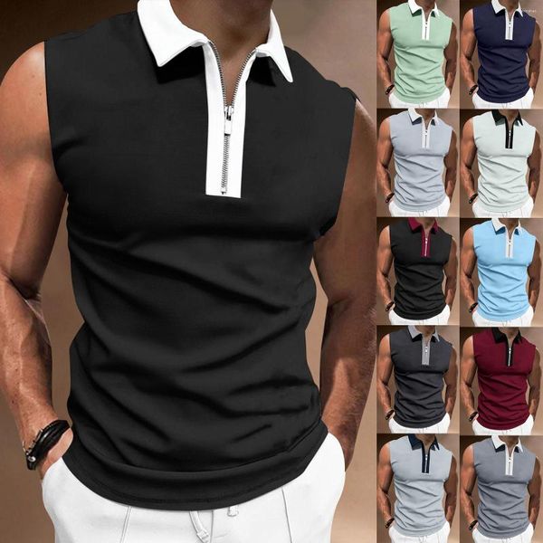Erkekler Tişörtler Düz Renkli Kavacı Fermuarı Kolsuz Top Polo Yaka Zip