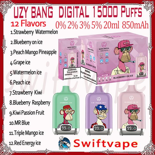 100% оригинал UZY Bang digital 15000 Puff Одноразовая электронная сигарета 12 вкусов 20 мл Pod Аккумуляторная батарея 850 мАч 15 тыс. Затяжек 0% 2% 3% 5% RBG Light Vape Pen Kit Быстрая доставка