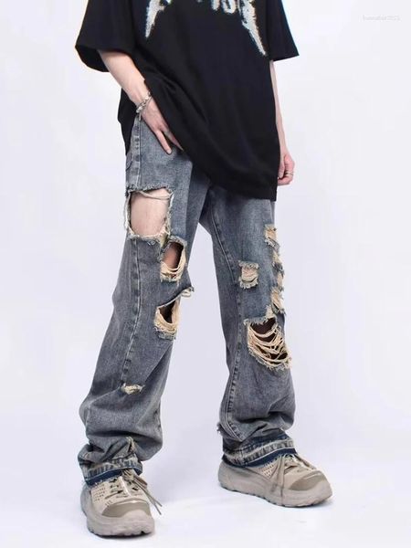 Jeans masculinos desgaste casual y2k homens moda coreana personalizado tubo reto buraco masculino calças vintage perna larga