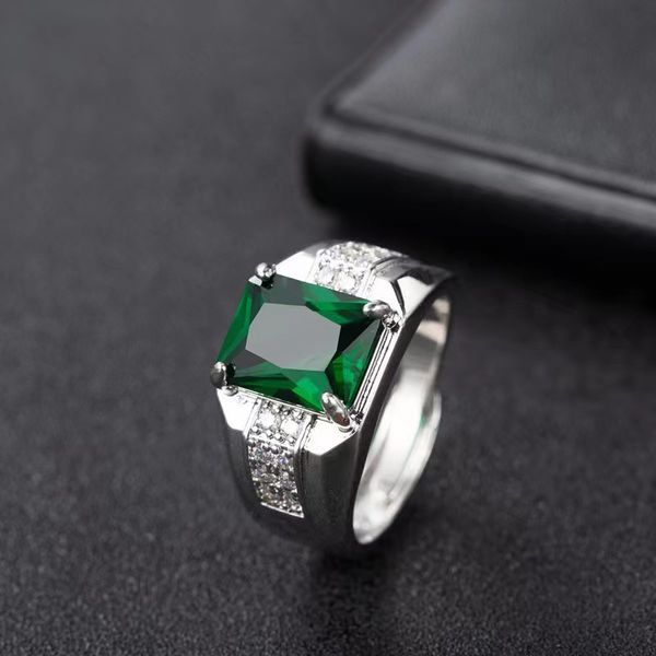 Anel masculino de esmeralda, safira europeia e americana cravejada de diamante, cristal de ponta verde, anel vivo masculino da moda, anel