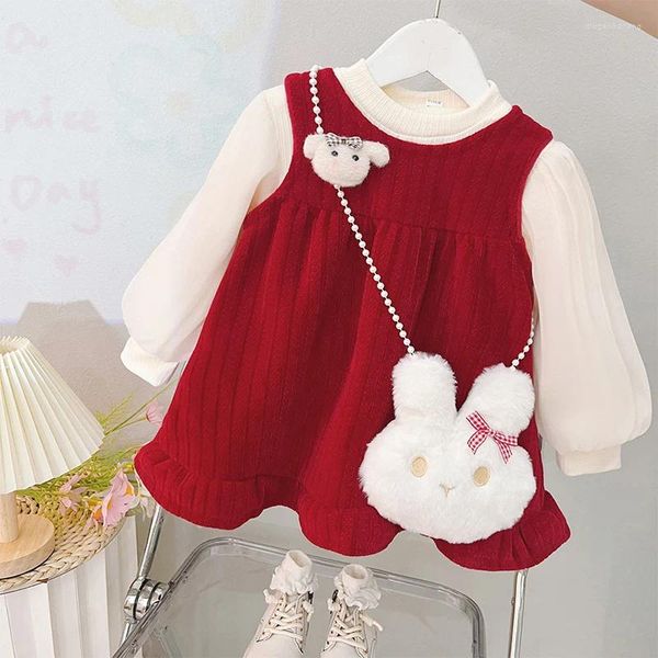 Kleidungssets Baby Mädchen Weihnachtsoutfit Winer Dickes warmes weißes Oberteil Rotes Prinzessinnenkleid 2 Stück und Umhängetasche Geborene Geburtsmädchenkleidung