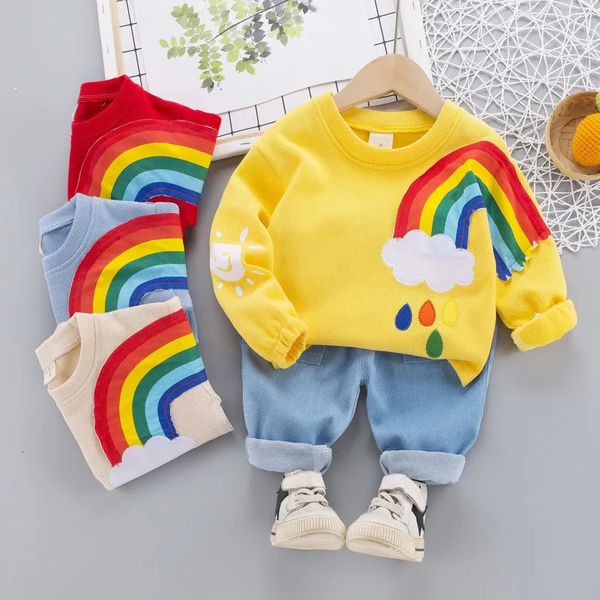 Coreano primavera outono crianças menina conjunto de roupas manga longa arco-íris moletom bordado jeans calças do bebê roupas 231220