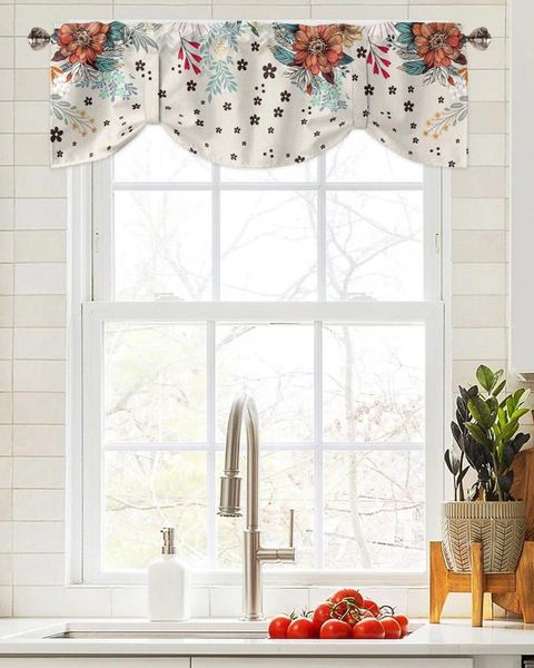 Vorhang Boho abstrakte Blumenpflanze Fenster Wohnzimmer Küchenschrank Binsenvalance-Stange Tasche