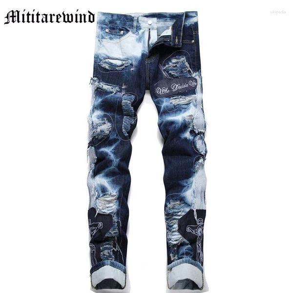 Männer Jeans Herbst High Street Loch Stickerei Zerrissene Y2k Slim Denim Hosen Hip Hop Blau Ins Mode Ganzkörperhose