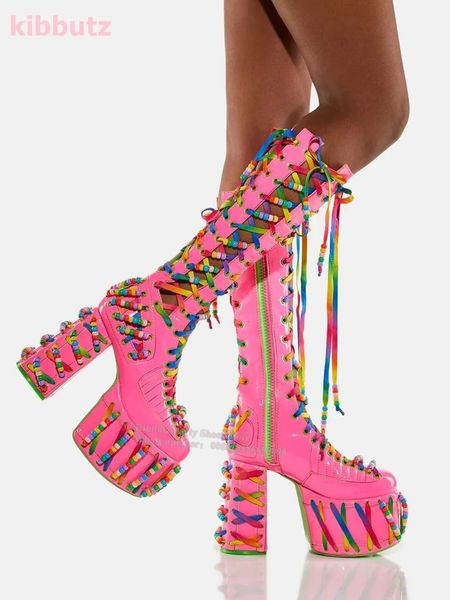 Yuvarlak ayak parmağı kare topuk platform diz yüksek botlar karışık renk çapraz bağlı patent deri yan fermuar süper yüksek seksi ayakkabılar kızlar 231220