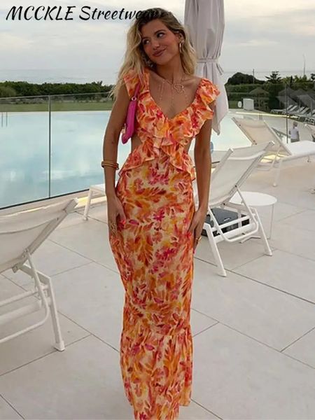 Stampa sexy senza schienale Dres Butterfly Sleeve Hollow Out Bandage Long Dresses 2023 Summer Vacation Ruffles Lady Beach Robe 231020