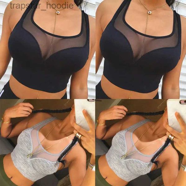 Damen Tanks Camis 2017 Athleisure Mesh Splice Solid Bra Fitness Top Hollow Out Bralette Slim Kleidung für Frauen Tank Top Hot Sale L231220