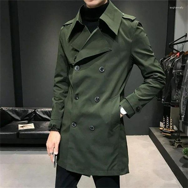 Trench da uomo Coat Coat Uomini a metà lunghezza a metà coreano Slim-Fit Outwear Outwear Male Casual Polo Collar Solido Outcoat a doppio petrolio 2024