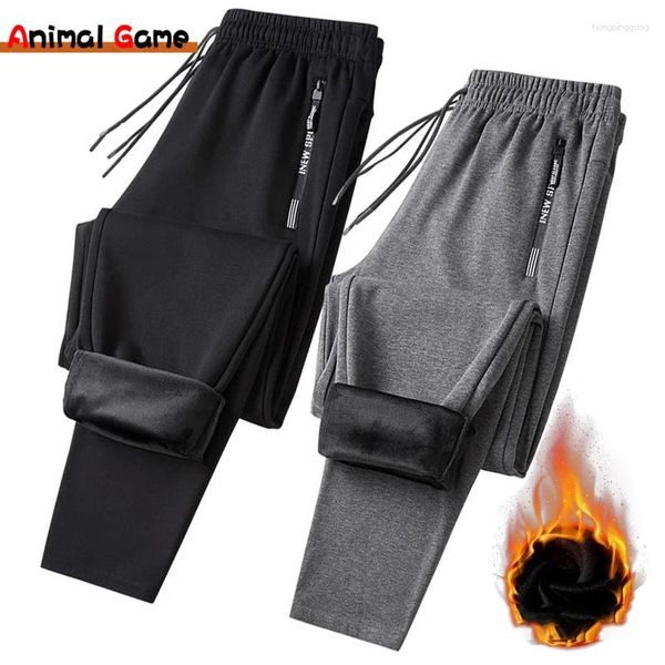 Calças masculinas Mens Zip Bolsos Engrossar Fleece Sweatpants Homens Corredores Preto Cinza Algodão Quente Masculino Calças Soltas Térmicas 6XL