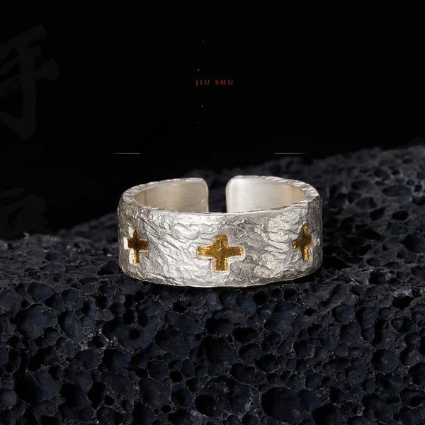 Handgefertigter Design-Ring für Herren, 99er-Sterlingsilber, Hammermuster-Kreuz, Set mit goldenem Lebensmittelring, Einzelring