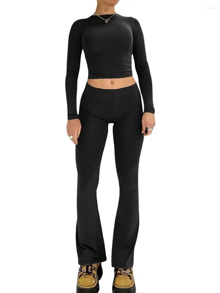 Женские брюки из двух предметов, женская одежда, укороченный топ с длинными рукавами, футболка с складной талией, расклешенный спортивный костюм, спортивный костюм, комплект для йоги