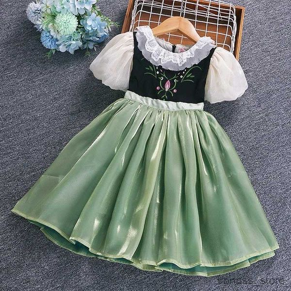 Kız Elbiseleri Yeni Çocuklar İçin Giysileri Yaz 2023 Kaliteli Kore tarzı Anna Bebek Kızlar Tek Parça Prenses Sundress Giyim Kız Yeşil Partisi