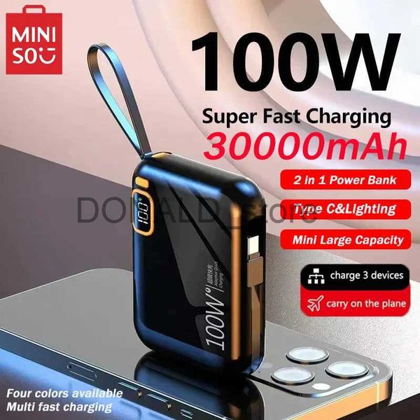 Bancos de energia de telefone celular MINISO portátil Power Bank PD100W 30000mAh destacável USB para tipo C cabo bidirecional carregador rápido Mini Powerbank frete grátis J231220